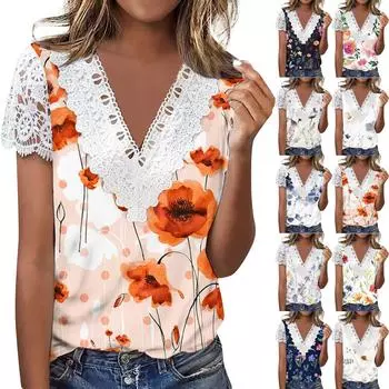 Кружева с короткими рукавами и V-образным вырезом с принтом Кружевная лоскутная футболка с короткими рукавами Топ