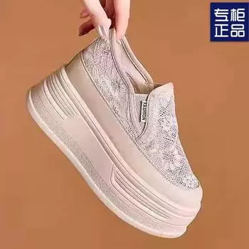Кружева сетчатая дышащая внутренняя часть увеличивает рост белые туфли женские летние новые кроссовки на платформе кексы повседневные ленивые мокасины 35 белый