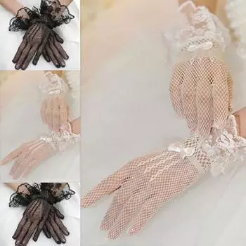 Кружева сетки бантом невесты полный палец перчатки свадебное платье аксессуары чёрный