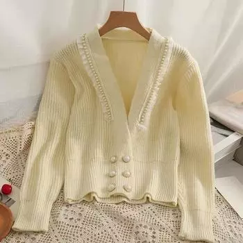 Кружева, сращивание, бисер, вязаные кардиганы, свитера для женщин, модные двубортные свитера с длинным рукавом, куртки, женский облегающий зимний кардиган 25536 One Size белый