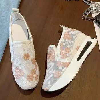 Кружева женские кроссовки на платформе туфли для женщин цветочная вышивка слипоны сетчатые туфли женские удобные танцевальные туфли дышащие для ходьбы 36 розовый