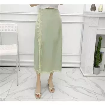 Кружевная эластичная юбка с разрезом и высокой талией Кружево Green S