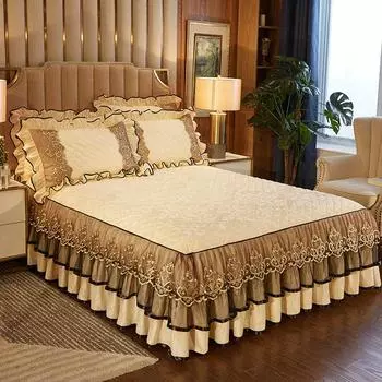 Кружевная бархатная юбка-кровать Queen, полный чехол King с поверхностным стеганым покрывалом на резинке, мягкий теплый европейский комплект из 3 предметов 150x200cm 59x79inch вино красного