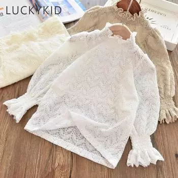 Кружевная белая нижняя футболка с длинными рукавами для девочек, весенняя детская кружевная блузка с высоким воротником, топы, осенняя детская одежда 90 бежевый