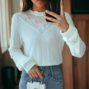 Кружевная белая женская блузка с длинным рукавом, модные вязаные крючком офисные женские рубашки, тонкие женские топы, элегантная женская одежда, новинка 30031 S бежевый