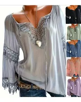 Кружевная блузка больших размеров, повседневная блузка с V-образным вырезом и длинными рукавами на весну, женская одежда больших размеров 1XL чёрный