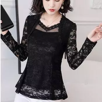 Кружевная блузка, женская одежда, новые черные топы, женская элегантная белая рубашка с длинным рукавом и V-образным вырезом 4XL синий