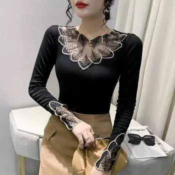 Кружевная черная блузка с вышивкой, модная женская осенняя рубашка 2023 с длинным рукавом, топы с длинными рукавами и цветочным принтом, женские элегантные блузки 29433 M чёрный