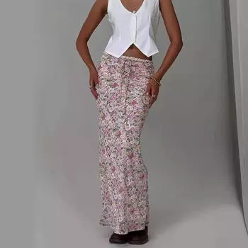 Кружевная длинная юбка с цветочным принтом для женщин. Элегантная стильная облегающая юбка макси с высокой талией. Летняя дышащая легкая мягкая удобная юбка для отдыха. S