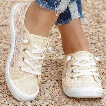 Кружевная дышащая обувь с открытыми отверстиями, осенне-зимние парусиновые кроссовки для женщин, вулканизированная обувь на плоской подошве со шнуровкой 35 бежевый