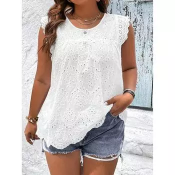 Кружевная футболка больших размеров, повседневная футболка с круглым вырезом и вышивкой, женская одежда больших размеров S белый