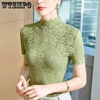 Кружевная футболка с коротким рукавом, верхняя женская летняя модная сексуальная рубашка с полой волнистой кромкой S чёрный