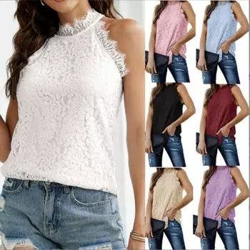 Кружевная футболка женская летняя без рукавов сплошной цвет жилет топ майка S белый