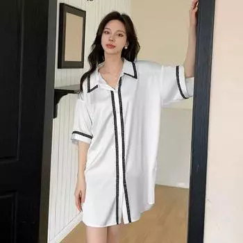 Кружевная летняя пижама женская атласная шифоновая ночная рубашка чистая полая пижама халат One Size чёрный