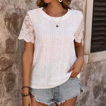 Кружевная лоскутная футболка, топы, женские топы, однотонный пуловер с круглым вырезом, женская футболка L белый