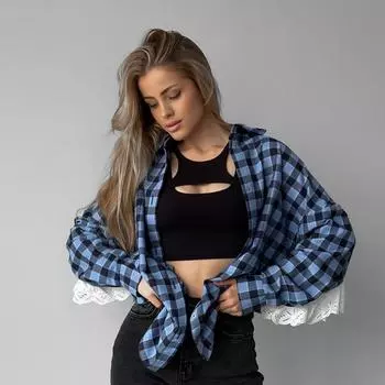 Кружевная лоскутная клетчатая рубашка с длинным рукавом, женская повседневная однобортная блузка с отложным воротником, топы, весна 2025, винтажные блузки S синий