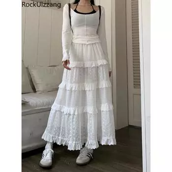 Кружевная макси-юбка съедобного дерева с грибком и рюшами, длинные белые юбки миди с эластичной резинкой на талии, женская ткань y2k, корейская мода mori kawaii lolita S белый