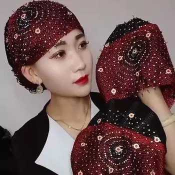 Кружевная мусульманская женская тюрбанная шапка с бриллиантами чёрный