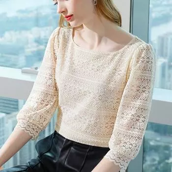 Кружевная нижняя рубашка для женщин, прямой вырез, ажурная блузка, сексуальная футболка с рукавом три четверти S чёрный