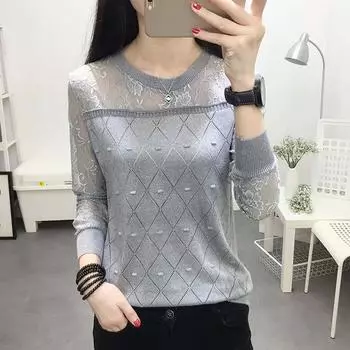 Кружевная основа рубашки женская футболка с длинным рукавом свободный и универсальный весенний трикотаж женский тонкий топ S синий