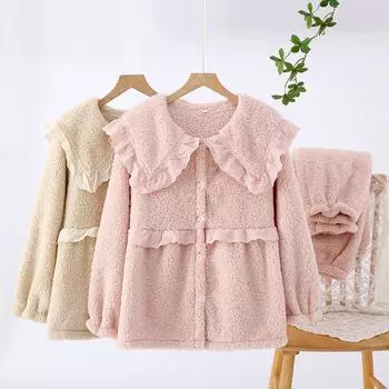 Кружевная пижама, женские пижамные комплекты, зимние теплые пижамные флисовые ночные рубашки, комплекты на пуговицах для женщин, два предмета, однотонный домашний костюм на пуговицах S белый