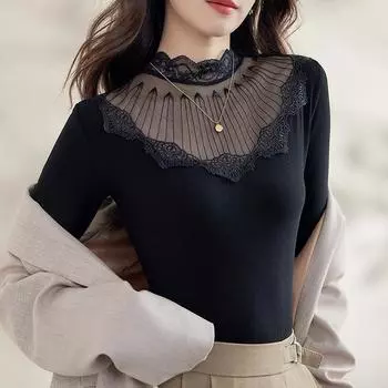 Кружевная полуводолазка базовая рубашка для женщин новая осень и зима женская модная внутренняя сетчатая рубашка с длинными рукавами One size