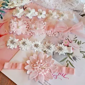 Кружевная повязка на голову с цветами и стразами для новорожденных, детские ленты для волос для девочек, эластичный тюрбан для малышей, детские аксессуары для волос