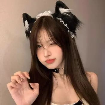 Кружевная повязка на голову с кошачьими ушками, аксессуары для волос для девочек, звериные ушки, милый головной убор в стиле Лолиты, повязка на голову с кошкой, плюшевая заколка для волос