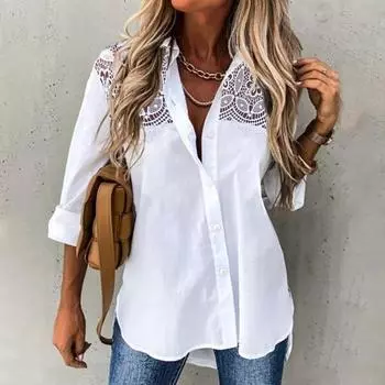 Кружевная рубашка большого размера с пуговицами и планкой, женская рубашка с рукавами, вязанная крючком, рубашка с цветочным принтом, топ 2XL светло-фиолетовый