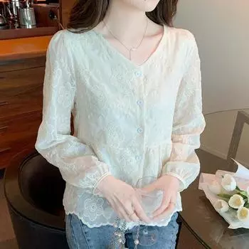 Кружевная рубашка с длинным рукавом и вышивкой, женская модная новая свободная блузка с рукавами-фонариками, женские винтажные элегантные повседневные женские топы 24229 S абрикосовый