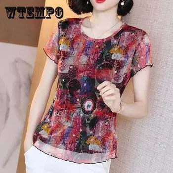 Кружевная рубашка с принтом, большой размер, эластичная сетчатая футболка, женские летние тонкие элегантные топы из искусственного шелка с круглым вырезом и короткими рукавами XXXXXL