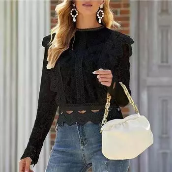 Кружевная рубашка, сексуальные полые кружевные топы с длинными рукавами и свежими милыми женскими топами S белый