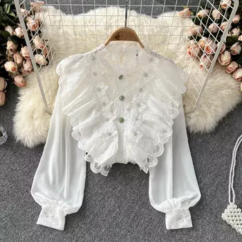 Кружевная рубашка, женская рубашка с вышивкой и рюшами для меньшинств, универсальная, уменьшающая возраст, весенняя рубашка с пузырьковыми рукавами