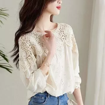 Кружевная рубашка женская с длинными рукавами и вырезами большого размера женская рубашка осенний дизайн Sense Chic Top M абрикосовый