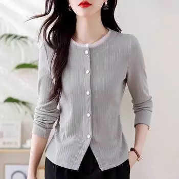 Кружевная серая футболка для женщин, новый весенний стиль, модный топ с длинными рукавами в этом году M