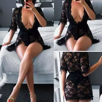 Кружевная сетчатая пижамная куртка с шалью и кардиганом Прозрачное пижамное платье в помещении L чёрный