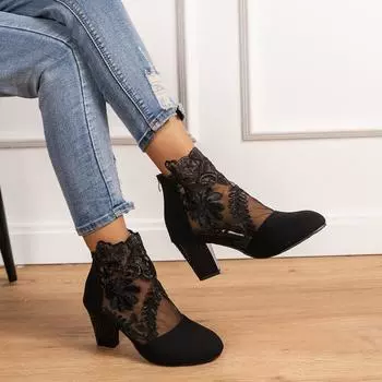 Кружевная сетка на толстом каблуке, классные ботинки для женщин 2024 года, лето, новые, большие размеры, модные, удобные, сандалии, мода 35 чёрный