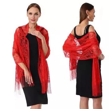Кружевная шаль, однотонная шаль с кисточками, женская тонкая юбка-шарф, шаль-обертка красный
