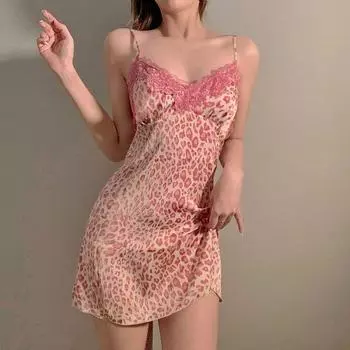Кружевная шелковая одежда для сна для женщин, ночные рубашки с леопардовым принтом, пижамы, платье на бретельках, летнее платье, женские пижамы, сексуальная женская ночная рубашка S розовый