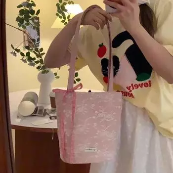 Кружевная сумка в стиле InS для выхода в свет, милая сумочка, которую можно носить в руке, и нежная сумка-ведро в стиле балетки с бабочкой для весны и лета розовый