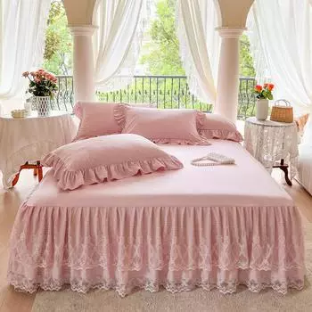 Кружевная юбка для кровати в стиле принцессы + наволочки Постельное белье Покрывала Простыня Розовый кружевной комплект постельного белья Однотонная кровать для девочки Покрывало 150x200cm 3pcs