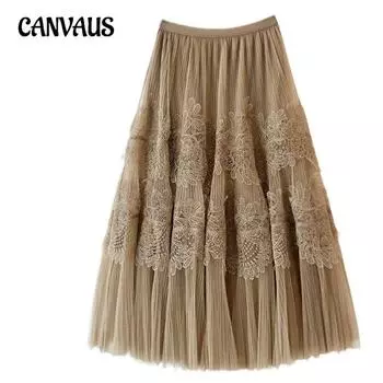 Кружевная юбка до половины тела, сетчатая пряжа, длинная юбка с большими качелями, женская плиссированная юбка Sweet Cake Sub One Size