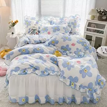 Кружевная юбка-кровать, комплект постельного белья, хлопковый королевский размер, односпальная двуспальная кровать, пододеяльник с цветочным принтом принцессы, мягкий чехол с 2 наволочками 1.2x2m-47x79inch bed