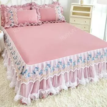 Кружевная юбка с цветочной вышивкой. Юбка принцессы с рюшами. Нескользящий наматрасник. Простыня. Домашний чехол на кровать. Покрывало. 1pc Skirt 120x200cm