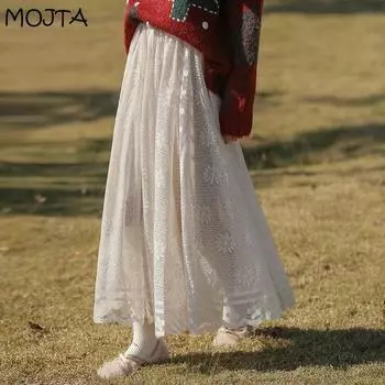 Кружевная юбка, женская весенняя новая кружевная юбка-зонтик средней длины с большой распашной юбкой трапециевидной формы с высокой талией