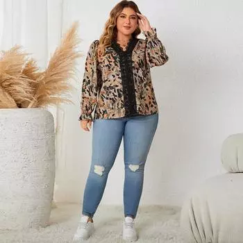 Кружевная винтажная рубашка с цветочным принтом для женщин, V-образный вырез, свободный пуловер с длинными рукавами и рюшами, повседневная дышащая легкая летняя рубашка для работы и отдыха XL чёрный