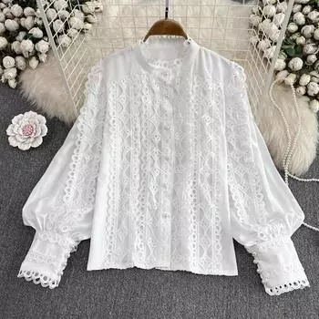 Кружевная вязаная крючком женская рубашка с длинным рукавом, осенняя повседневная элегантная женская свободная блузка с воротником-стойкой, полый топ, модная женская одежда 29919 S розовый