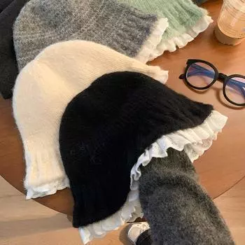 Кружевная вязаная панама женская осенне-зимняя уличная милая универсальная теплая повседневная большая кепка-боб M56-58cm чёрный