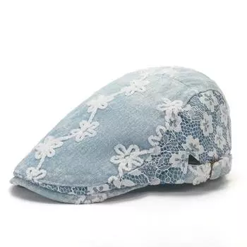 Кружевная вышивка цветов, берет, весенне-летняя женская кепка с козырьком, джинсовая кепка-форвард светло-синий