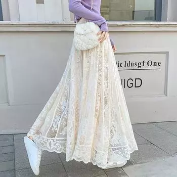 Кружевная женская милая черно-белая плиссированная длинная макси-юбка с высокой талией One size абрикосовый